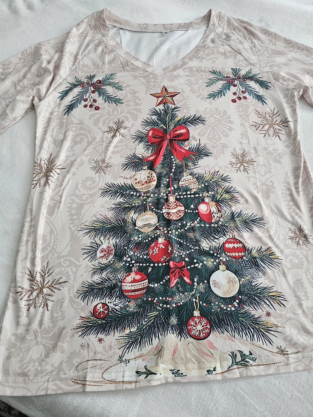 Festive Christmas Tree Quarter Length Sleeve Tee - Red & Green